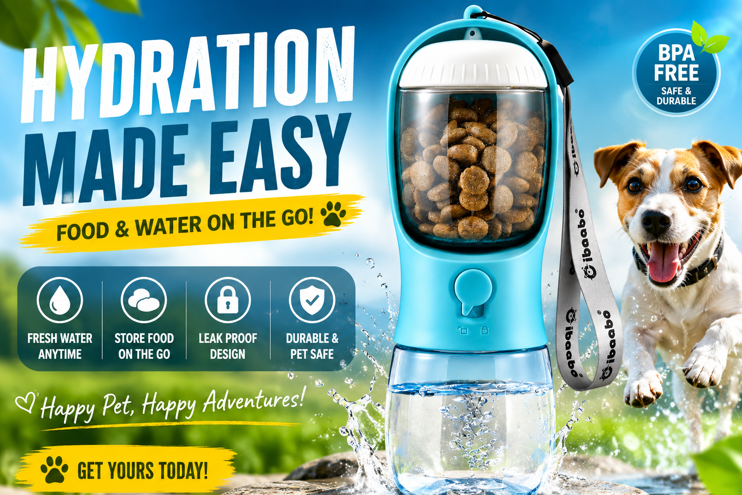 Pet water bottle with food compartment and dog in the background, promoting hydration and convenience.